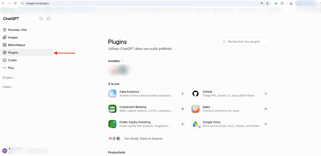 Menu Plugins dans ChatGPT